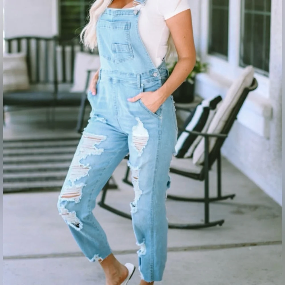 Women's Light Blue Distressed Denim Overalls - Picture 3 of 16